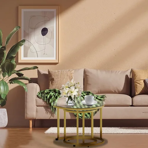 Miniatura 7 de aboxoo Juego de 2 mesas de centro anidables doradas, pequeñas mesas redondas de vidrio para sala de estar, dormitorio, mesa de té decorativa