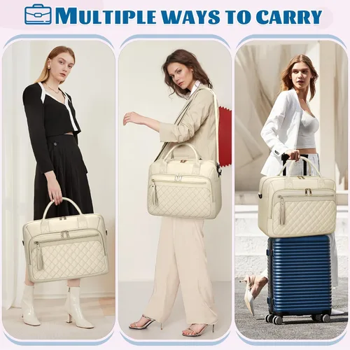 Miniatura 5 de RAINSMORE Bolsa para laptop de 17.3 pulgadas para mujer, impermeable, bolsa de hombro grande para computadora portátil, para trabajo, negocios, Beige