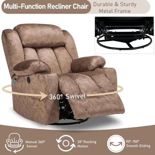 Miniatura 4 de Silla reclinable giratoria con calor y masaje, mecedora manual mecedora reclinable, silla giratoria de 360° con 2 portavasos, bolsillos laterales