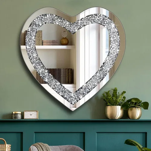 Miniatura 2 de DMDFIRST Espejo plateado en forma de corazón de cristal estrellado con diamante para decoración de pared 20x20x1 pulgadas; espejo sin marco