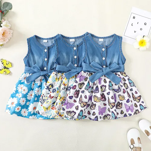 Miniatura 4 de Saeaby Vestido de niña pequeña, ropa de verano para niña, vestido sin mangas, vestido de mezclilla con flores, vestidos lindos para niña