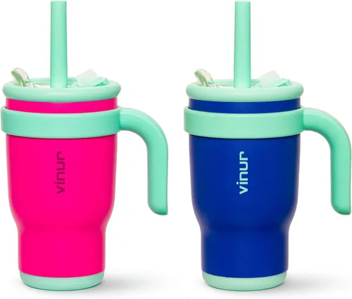 Miniatura 24 de VINUR Vaso para niños con asa - 14 oz de acero inoxidable con aislamiento al vacío de doble pared con tapa y pajita, vaso de agua de viaje