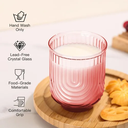 Miniatura 4 de JOVGANK Juego de vasos de bebida vintage rosados de 6 a 14 onzas, vasos de vidrio rosa art déco, vasos de cóctel de whisky, para bar, jugo de café