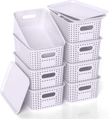 Miniatura 9 de Cesta de almacenamiento de plástico con tapa, contenedores pequeños apilables para organización y contenedores para estantes, cajones, escritorio