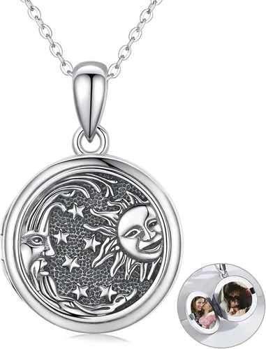 JUSTKIDSTOY Collar con medallón de estrella y sol que sostiene imágenes plata de ley 925 collar con colgante de medallón de fotos vintage joyería