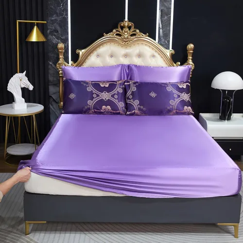 Miniatura 6 de Juego de edredón morado tamaño Queen, juego de sábanas de satén jacquard de 8 piezas bordado neoclásico floral elegante cama decoración del hogar