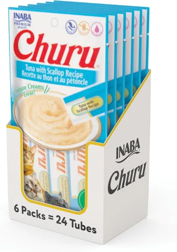 INABA - Golosinas Churu para gatos, puré cremoso para gatos, sin cereales, que se puede lamer y exprimir / suplemento con vitamina E y taurina, 0.5