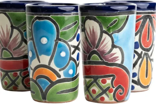 Juego de 4 vasos de chupito Talavera - Pintados a mano - 2 Oz (azul con verde)