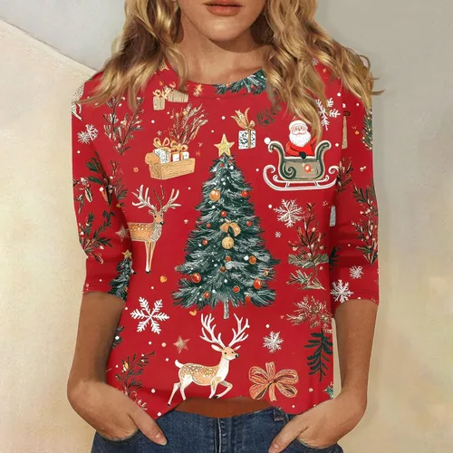 Miniatura 69 de Camisetas de manga 3/4 para mujer, cuello redondo, holgadas, casuales, con estampado floral, camisetas de moda para el trabajo de negocios