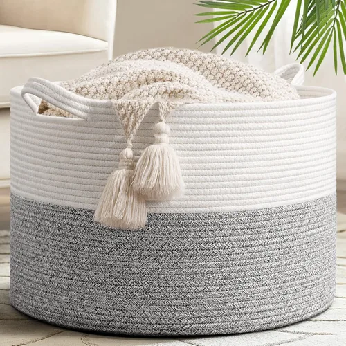 Miniatura 11 de Goodpick Cesta de manta de 65 litros, 19.7 x 12.6 pulgadas, cesta de cuerda de algodón, para sala de estar, organizadores de juguetes