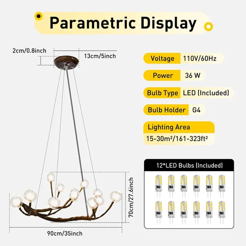 Miniatura 2 de 12 luces lámpara de rama moderna LED árbol rama luz, 110 V 36 W vidrio burbuja rama luz de techo, rama lámpara colgante para sala comedor
