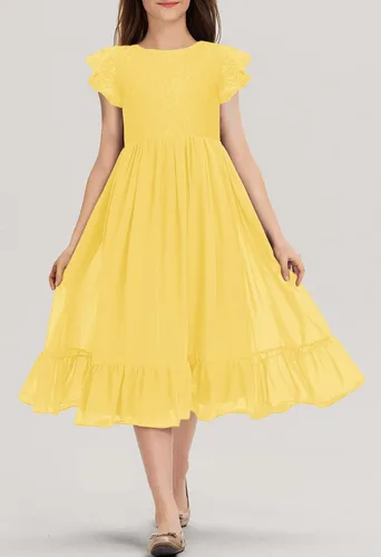 Miniatura 2 de MITILLY Vestido midi de gasa con volantes y cuello redondo y encaje elegante para niñas