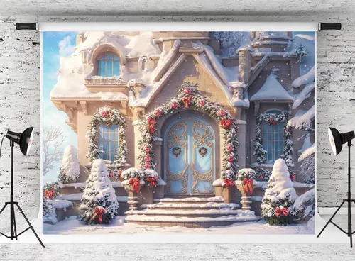 Miniatura 12 de Kate Telón de fondo de fotos de casa de campo de Navidad, fondo de puerta rosa, nieve blanca, árboles de Navidad, fondo de fotos, accesorios de 5