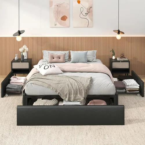 Miniatura 3 de SHA CERLIN Base de cama moderna de plataforma completa con 3 cajones de almacenamiento, diseño de panel lateral de ala, tapizado de piel sintética