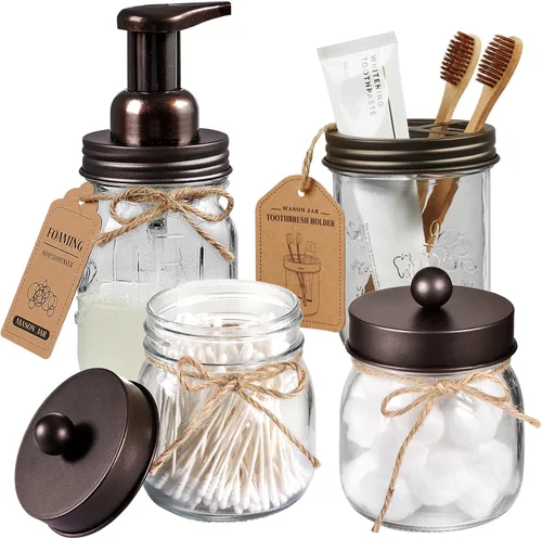 Miniatura 11 de Amolliar Mason Jar - Juego de accesorios de baño (4 unidades), dispensador de jabón espumoso y soporte para cepillo de dientes, decoración rústica