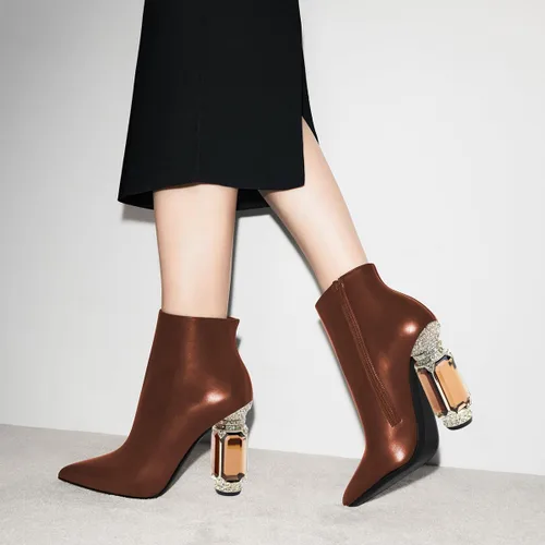 Miniatura 170 de FSJ Botas de tacón alto con punta puntiaguda para mujer, con tacón alto, con cremallera lateral brillante, estilo casual, para uso diario, zapatos