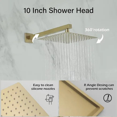 Miniatura 4 de BWE Juego de grifos de ducha de oro cepillado de 10 pulgadas, cuadrado de baño, cabezal de ducha de lujo con rociador de mano, sistema de ducha