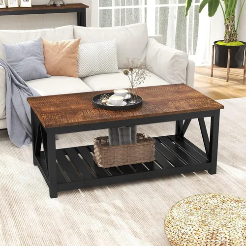 Miniatura 4 de Mesa de café ChooChoo negra, mesa rústica vintage con estante para sala de estar, 40 pulgadas