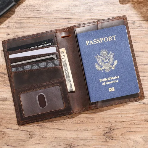 Miniatura 2 de Polare - Cartera de viaje de cuero de grano completo, plegable, funcional, delgada, con bloqueo RFID, soporte para pasaporte para hombres, Marrón