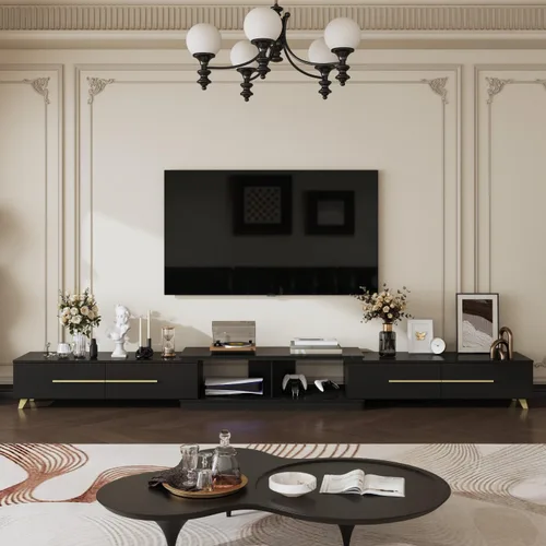 Miniatura 8 de Mesa Consola de TV Extensible Moderna Gabinete de TV con Cajones, Mesa Consola de Almacenamiento de Medios Contemporánea para Sala de Estar Negro