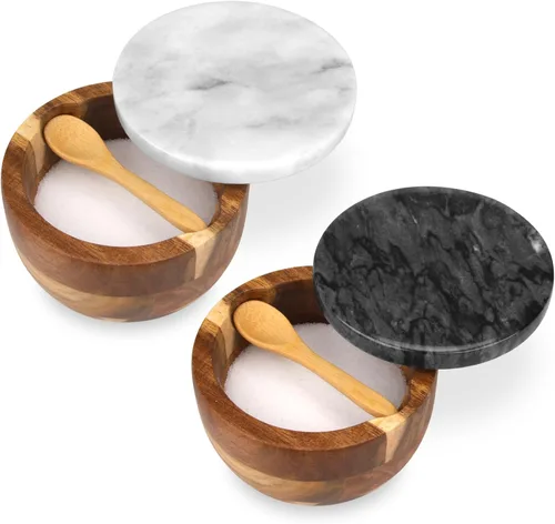 Miniatura 11 de Caja de Sal de Madera con Tapa de Mármol y Cuchara, Moderno Recipiente de Piedra Negra para Sal o Pimienta Azúcar Especias Condimentos, Contenedor