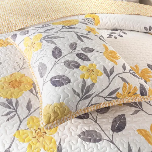 Miniatura 5 de Soul & Lane May Flowers - Juego de edredón gris y amarillo, tamaño individual con 1 funda, colcha acolchada floral ligera de verano, ropa de cama