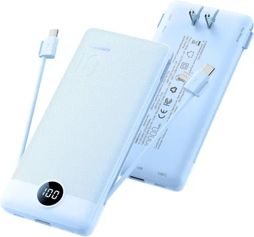 Miniatura 11 de Cargador Portátil con Enchufe de Pared, Banco de Energía USB C Delgado con Cables Integrados, Paquete de Batería Externa con Pantalla LED