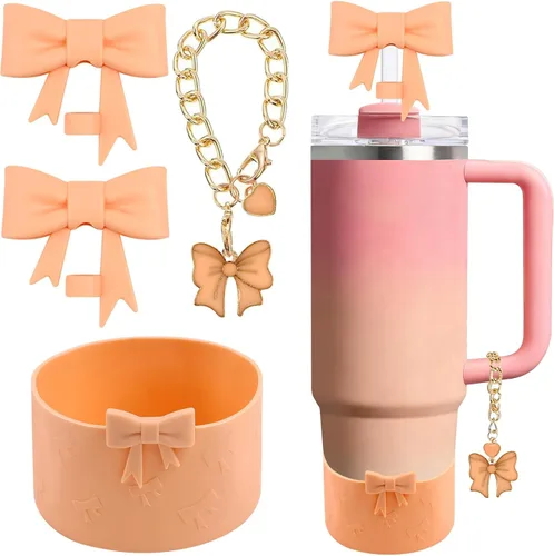 Miniatura 23 de Conjunto de accesorios para taza Hpebl para Stanley, incluye 2 tapas de pajita con moño lindo de 10 mm, tapones reutilizables para pajita, 1 funda
