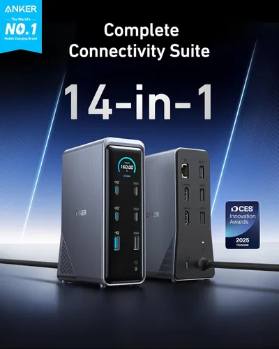 Miniatura 2 de Estación de acoplamiento Anker Prime, 14 puertos con salida máxima de 160W, transferencia de datos rápida de 10Gbps, interfaz inteligente en tiempo