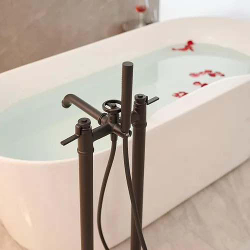 Miniatura 2 de BWE Grifos de bañera independientes de montaje en el suelo, latón macizo negro, mango único, moderno, llenado de bañera de baño, alto caudal