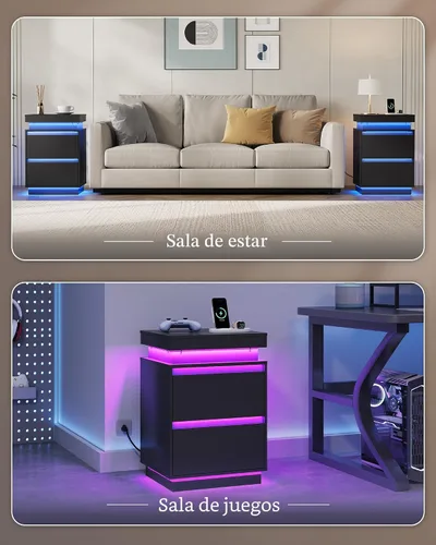 Miniatura 8 de WLIVE Mesita de noche negra con estación de carga y luces LED, mesita de noche con 2 cajones de madera y parte superior deslizante, mesa auxiliar