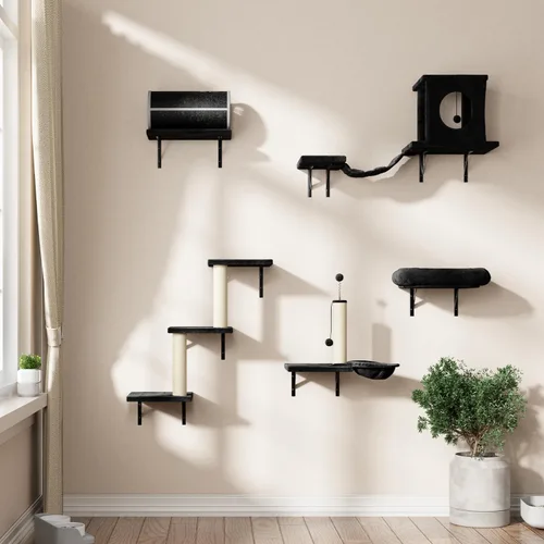 Miniatura 15 de NUNU LAB Estantes de muro para gatos, juego de 6 piezas de lujo montado en la pared, muebles para gatos interiores con 1 casa tipo condominio, 2