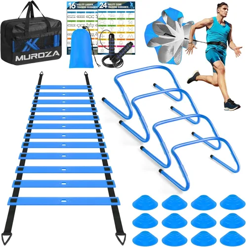 MUROZA Agility Ladder, Agility Speed Training Equipment Set, 20ft Speed Ladder, 12 Soccer Cones, 4 Hurdles, Jump Rope, Running Parachute, Soccer