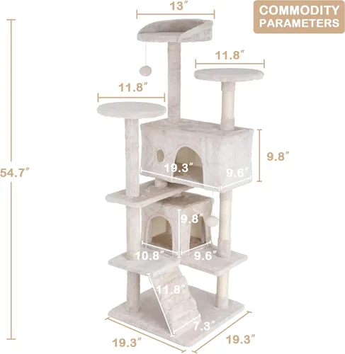Miniatura 7 de Go Pet Club - Árbol para gatos de varios niveles de 54 pulgadas de alto con 3 postes rascadores, 3 plataformas, 2 condominios, juguetes, diseño