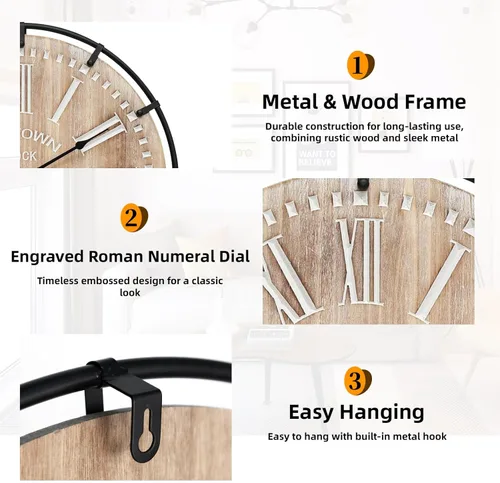 Miniatura 3 de Reloj de pared grande de granja, reloj de pared de madera rústica de 24 pulgadas decorativo con círculo de metal y números grabados, funciona