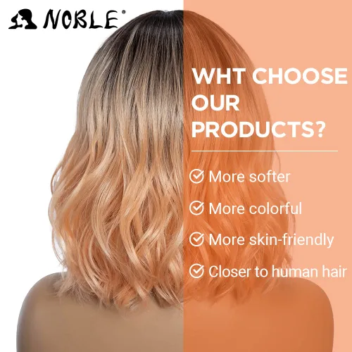 Miniatura 4 de NOBLE Peluca Rosa Naranja para Mujeres Peluca Durazno con Flequillo Pelucas Bob Rizadas Ombré con Flequillo de Aire Pelucas Sintéticas Cortas