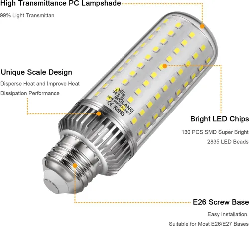 Miniatura 3 de Bombilla LED E26, bombilla LED de maíz de 20 W, equivalente a 180 W, 6000 K, luz blanca diurna, 2000 lúmenes, no regulable, sin parpadeo, ventilador