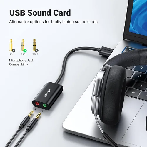 Miniatura 2 de UGREEN Adaptador de audio USB, con tarjeta de sonido estéreo externa, con auriculares de 3,5 mm y micrófono, con conector, para Windows, Mac, Linux
