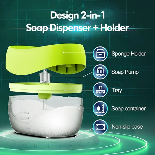 Miniatura 5 de Dispensador de jabón para platos con soporte de esponja para fregadero de cocina, juego de dispensador de bomba de jabón 2 en 1, útil dispensador