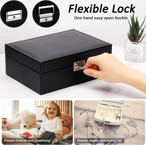 Miniatura 3 de SIMBOOM Joyero para mujeres y niñas, organizador de joyas de 2 capas con cerradura, estuche de almacenamiento de joyas con bandeja extraíble