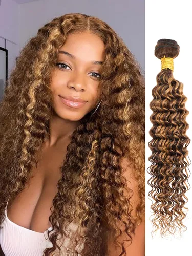 Miniatura 41 de P4/27 Cabello Humano Solitario de Onda Profunda con Reflejos Rubios Miel, 12A 100% Tejido Brasileño Virgen Ondulado Grueso con Mechas Ombre Marrón