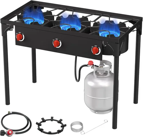 Quemador de Propano de Alta Presión, Estufa de Camping de 3 Quemadores con Patas Desmontables, Quemador de Estufa de Gas Propano de 225,000 BTU con