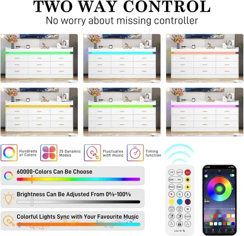 Miniatura 3 de Cómoda de 9 cajones con luz LED y estación de carga, cómoda moderna de 63 pulgadas para armario, armario organizador de cajones anchos para Blanco