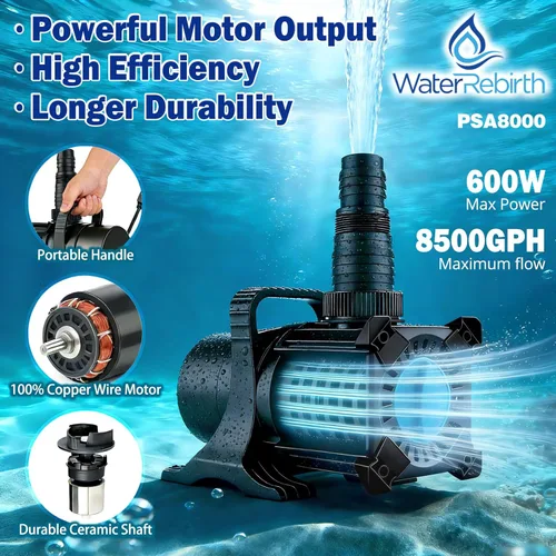 Miniatura 5 de WaterRebirth PSA8000 Bomba de agua dulce resistente, 8500 GPH 600W potente bomba sumergible/en línea, elevación extra alta de 26.3 pies