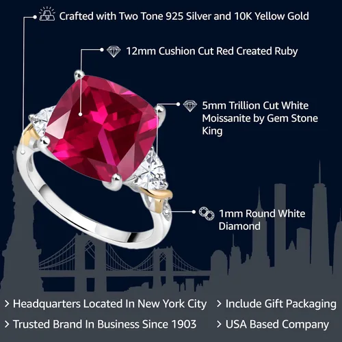 Miniatura 2 de Gem Stone King Anillo de plata 925 y amarillo rojo rubí creado moissanita y diamantes para mujer