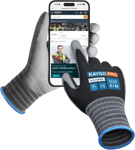 Miniatura 21 de KAYGO KG15P - Guantes de trabajo con revestimiento de poliuretano, nailon Lite, para la seguridad, revestimiento de poliuretano gris, muñeca de Azul