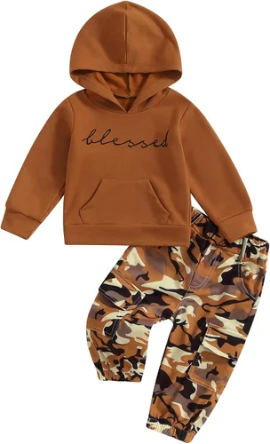 Miniatura 14 de Mandizy Conjunto de ropa de otoño para bebé niña pequeña, sudadera de manga larga con estampado de letras bendecidas, pantalones de camuflaje