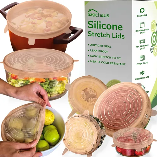 Miniatura 9 de Tapas de silicona para almacenamiento de alimentos, paquete de 5, 5 tamaños, de grado alimenticio, fundas de silicona reutilizables para ollas