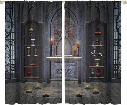Miniatura 27 de Cortinas góticas con diseño de luna de Halloween, historia, puerta espeluznante, fondo de terror, vela, ficción, patrón de impresión, sala de estar