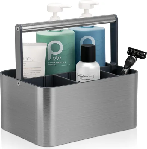 BYUNER Organizador de ducha portátil para dormitorio: organizador de baño compacto con asa y divisores ajustables, cesta de ducha de plástico duro